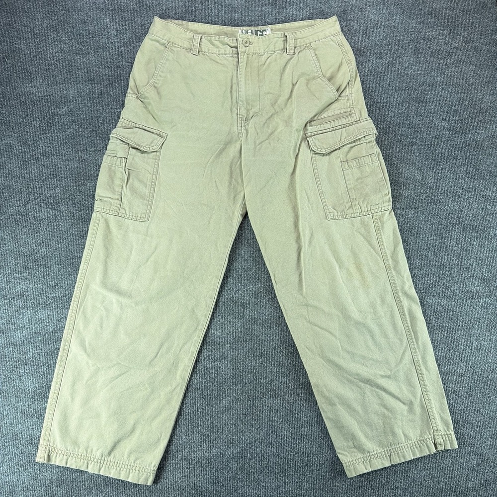 Y2K Plugg Men Cargo Pants 34x30 Khaki Tan Cotton Canvas Utility Relaxed Workwear
